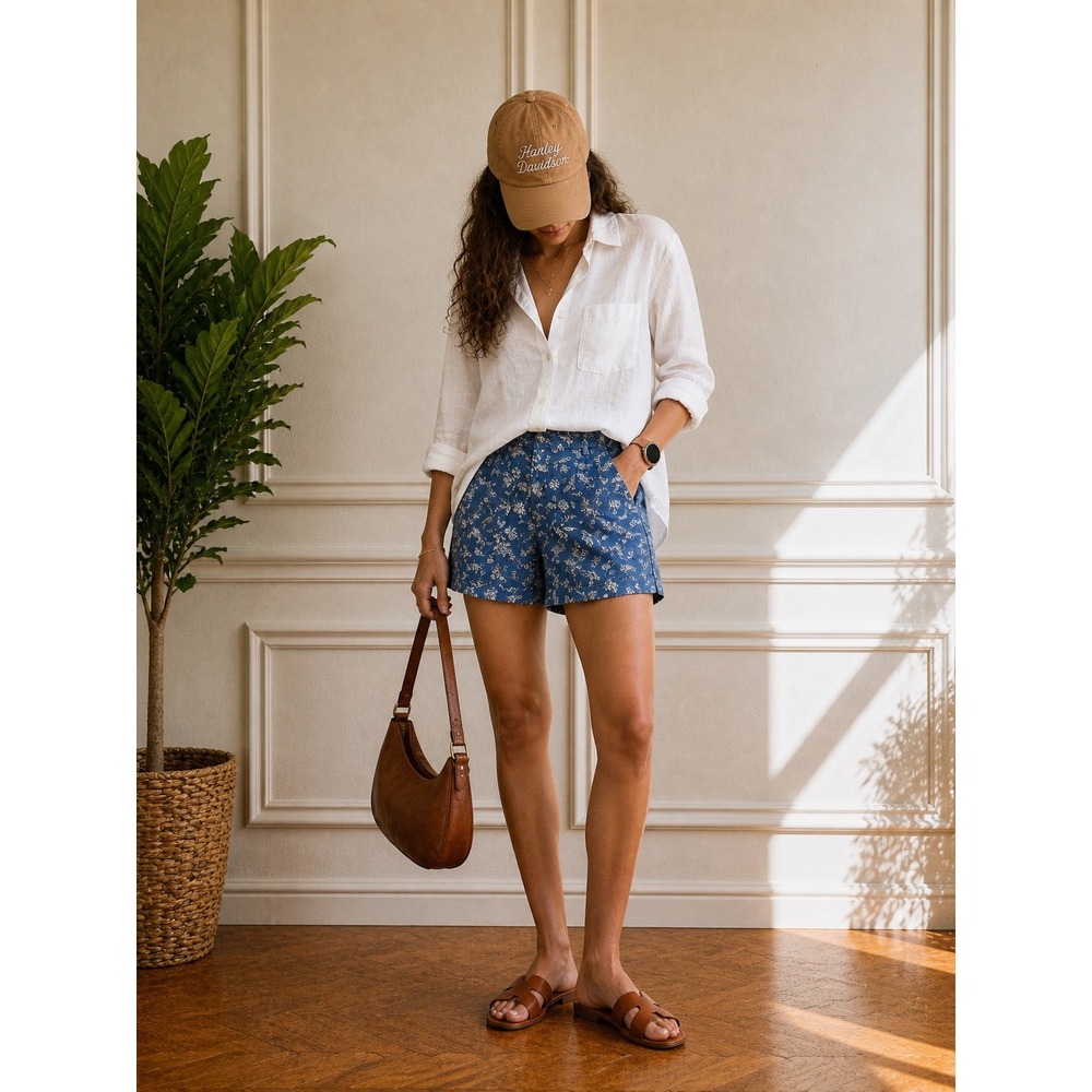 LOFT Womens Blue White Floral‎ High Rise Elastic Back Pull On Shorts Size S